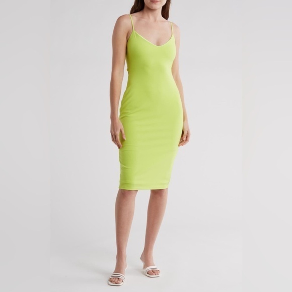 Bebe Neon Yellow Green Scuba Crepe Midi Dress